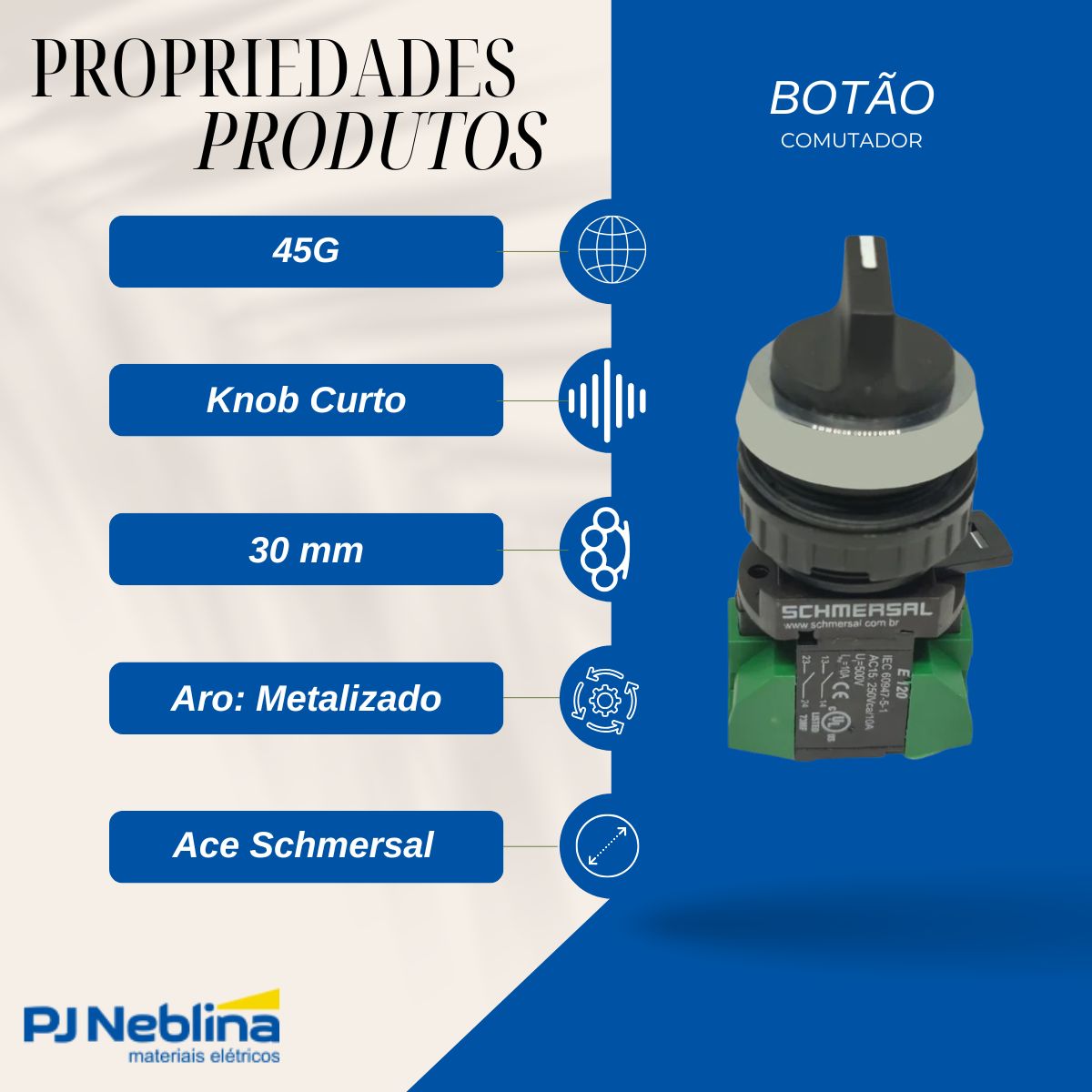 Botão Comutador Knob Curto 3 Pos Ret 45G 30Mm Metálico Preto 2Na - Ace Schemersal