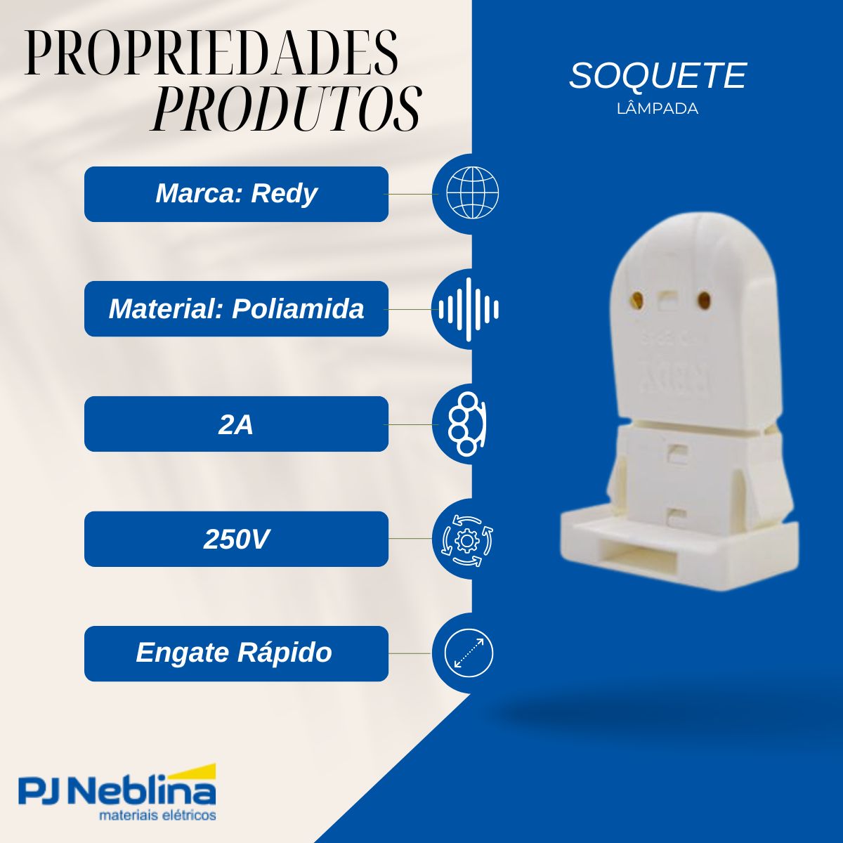 Soquete Lâmpada Poliamida Inclinado G13 2A 250V Engate Rápido Anti-Vibratorio - Redy