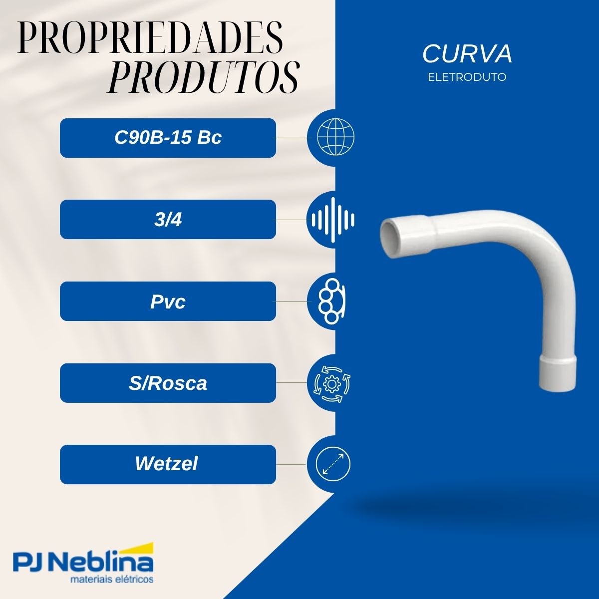 Curva Eletroduto 2 Ponta Bolsa 90G 3/4 Pvc Branco S/Rosca - Wetzel