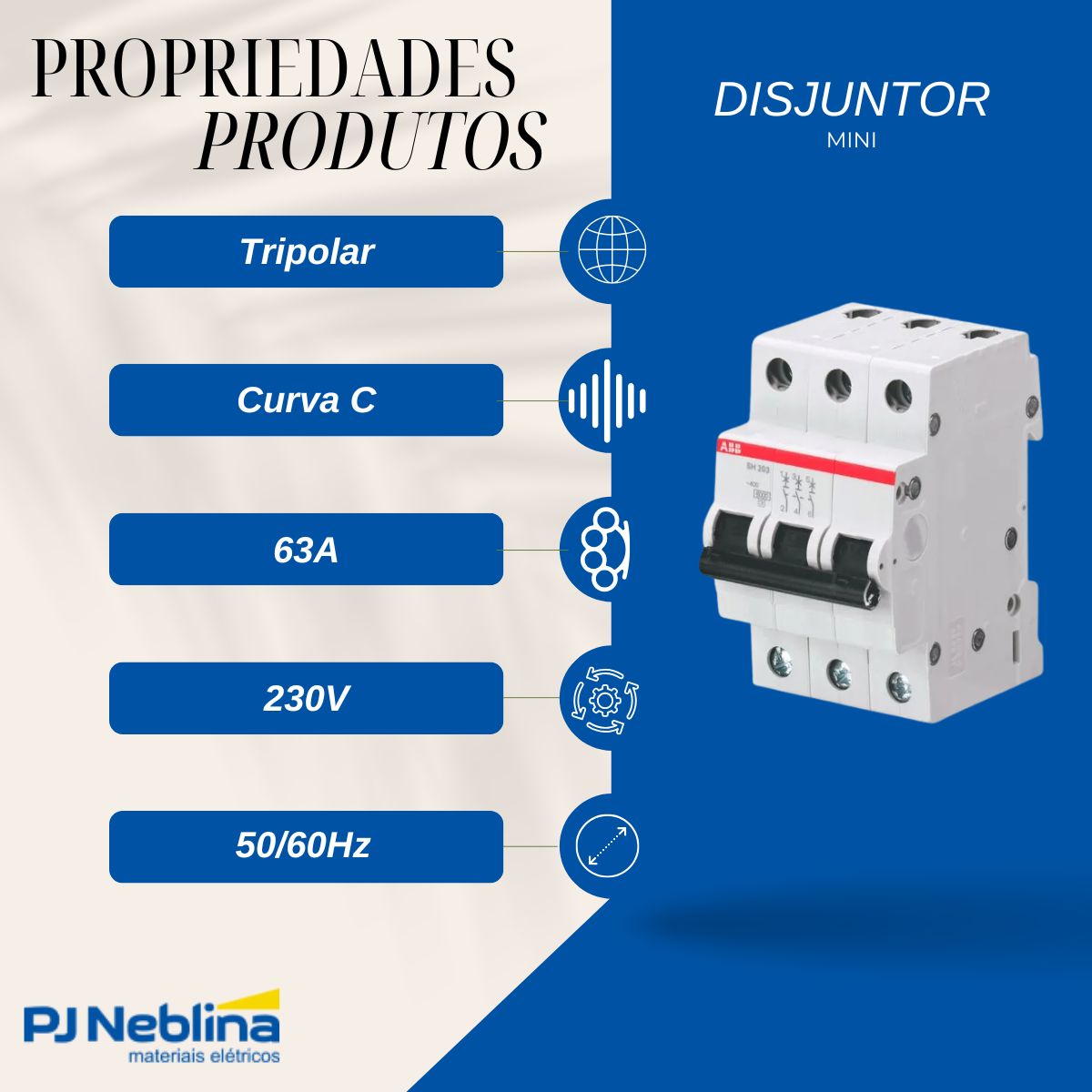 Disjuntor Mini Din Tripolar 63A Curva C 5Ka 230V - Abb