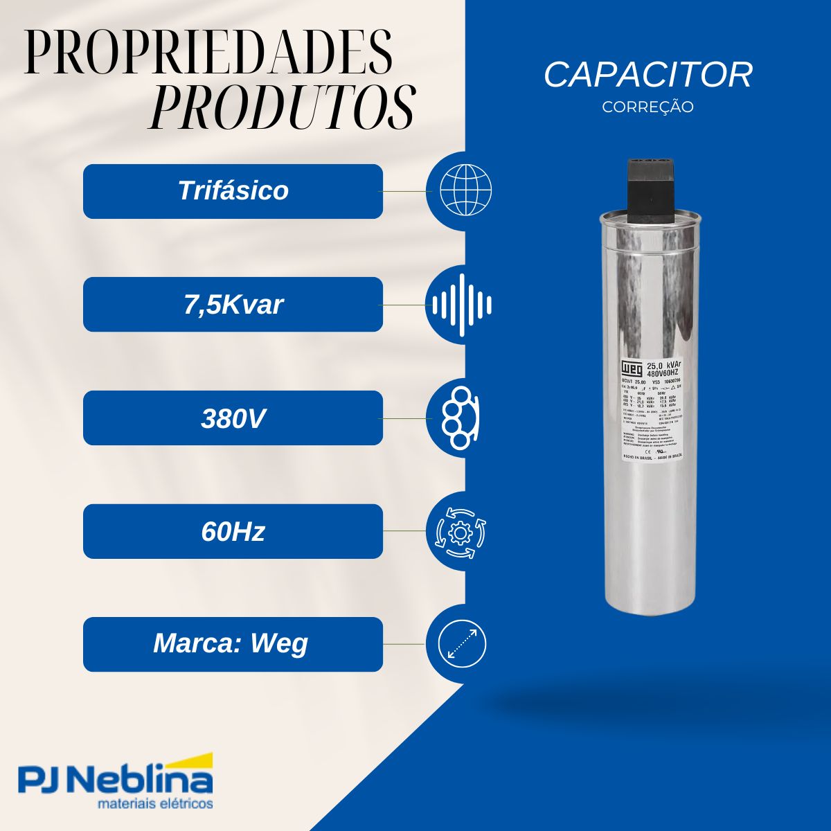 Capacitor Correção Fator Potencia Heavy Duty Trifásico 7,5Kvar 380V 60Hz - Weg
