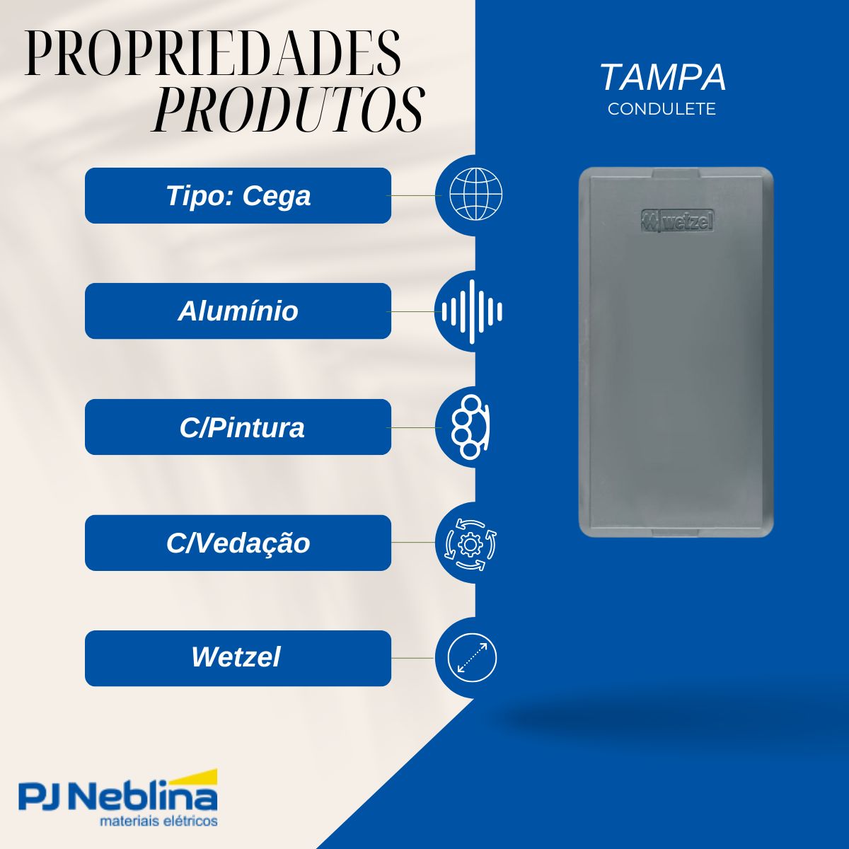 Tampa Condulete Cega Alumínio 1Pol C/Pintura Cinza C/Vedação - Wetzel