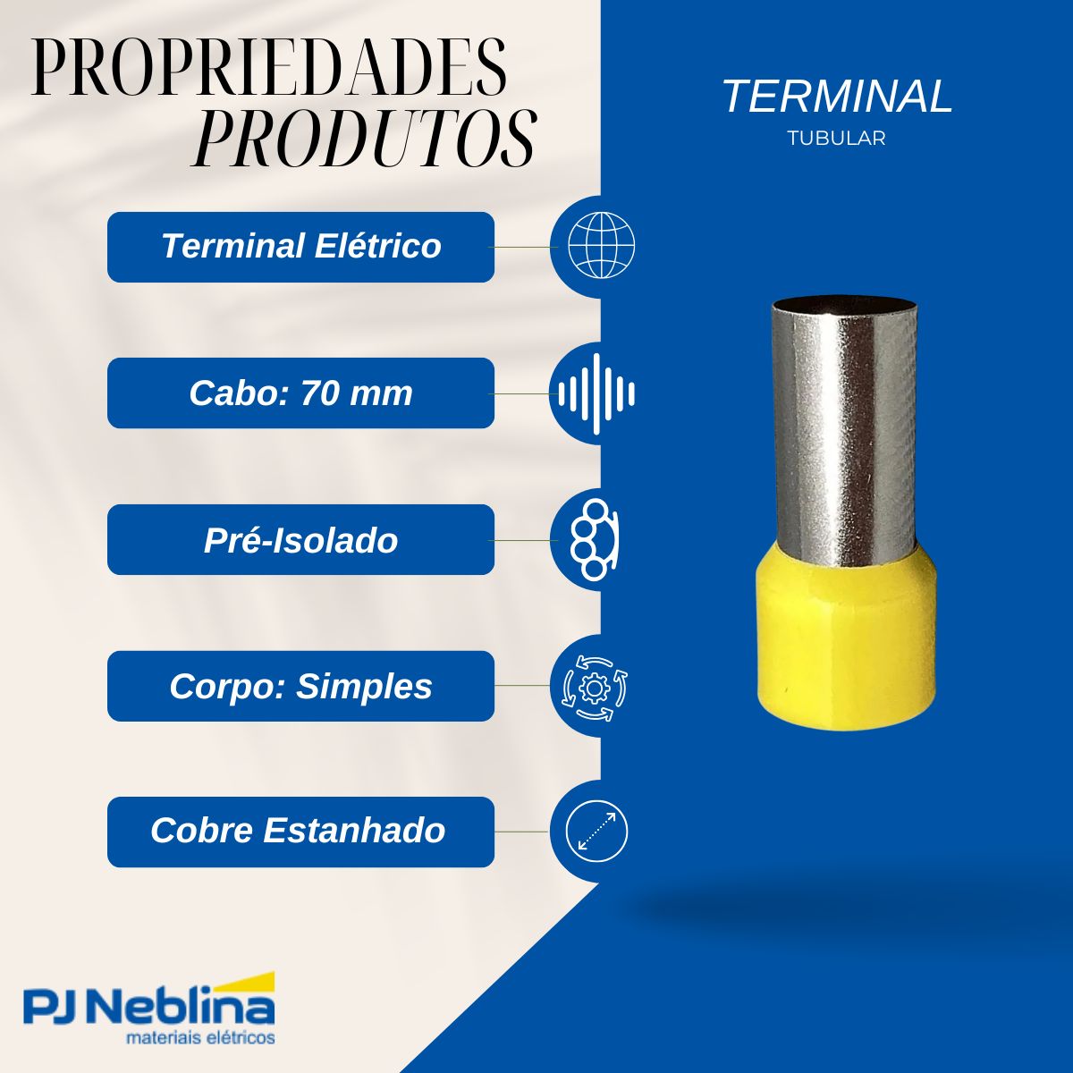 Terminal Tubular (Ilhos) 70Mm (2/0Awg) Pré-Isolado Amarelo - Magnet