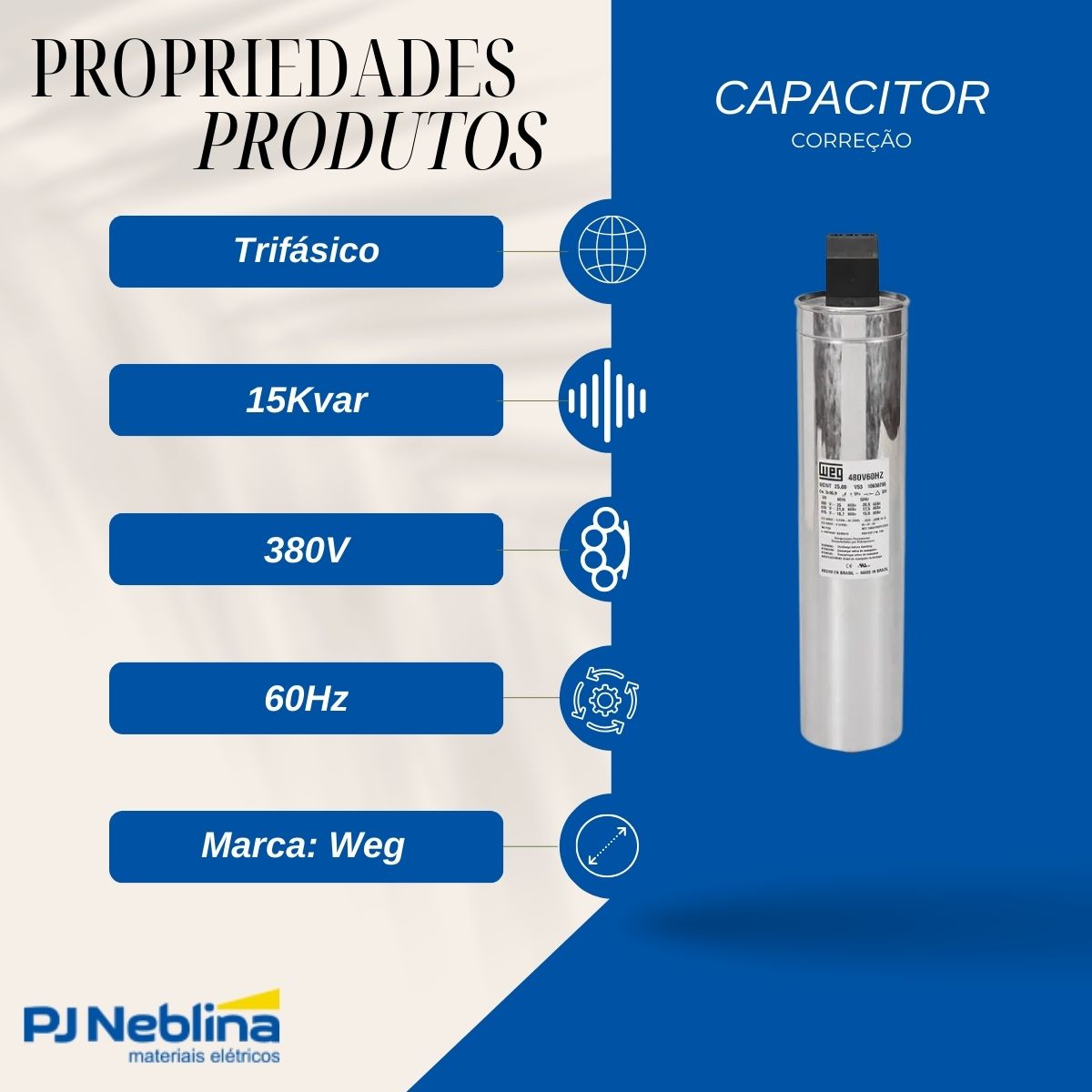 Capacitor Correção Fator Potencia Heavy Duty Trifásico 15Kvar 380V 60Hz - Weg