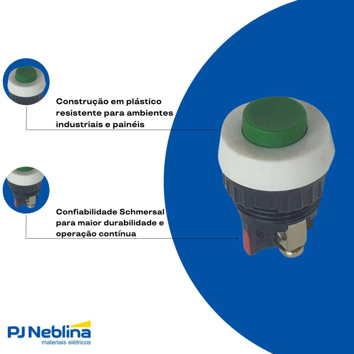 Botão Comando Pulsador Saliente Redondo 15 mm Plástico Verde 1Nf C/Pino - Ace Schmersal