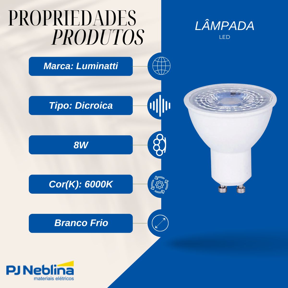 Lampada Led Dicroica Mr16 8w Bivolt Gu10 6000k Branco Frio L
