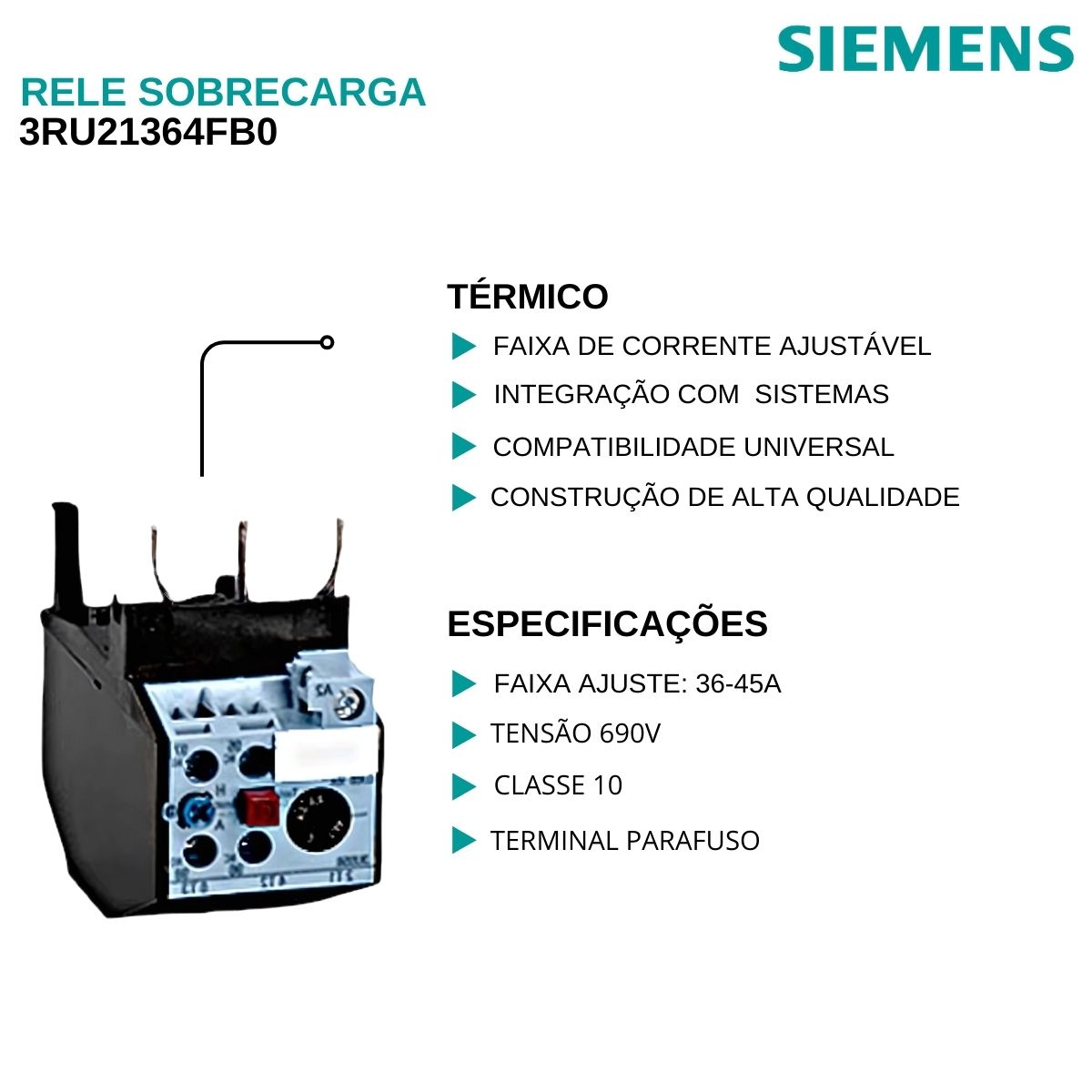 Rele Sobrecarga Térmico 36-45A Classe 10 3US56008M - Siemens