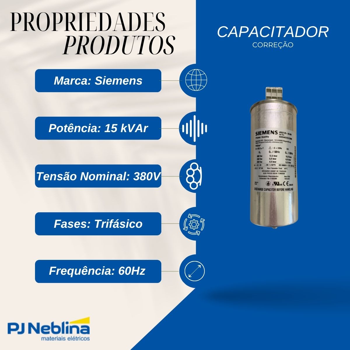 Capacitor P/Correção Fator De Potência 15Kvar 380V Trifásico 60Hz - Siemens