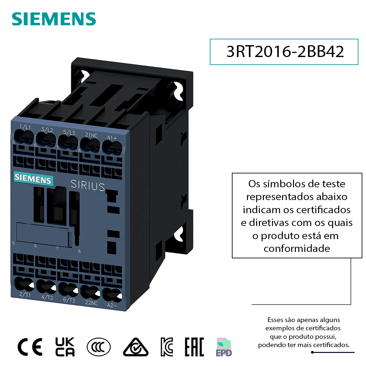 Contator Potência Tripolar 9A 24Vcc 1Nf 3RT20162BB42 Siemens