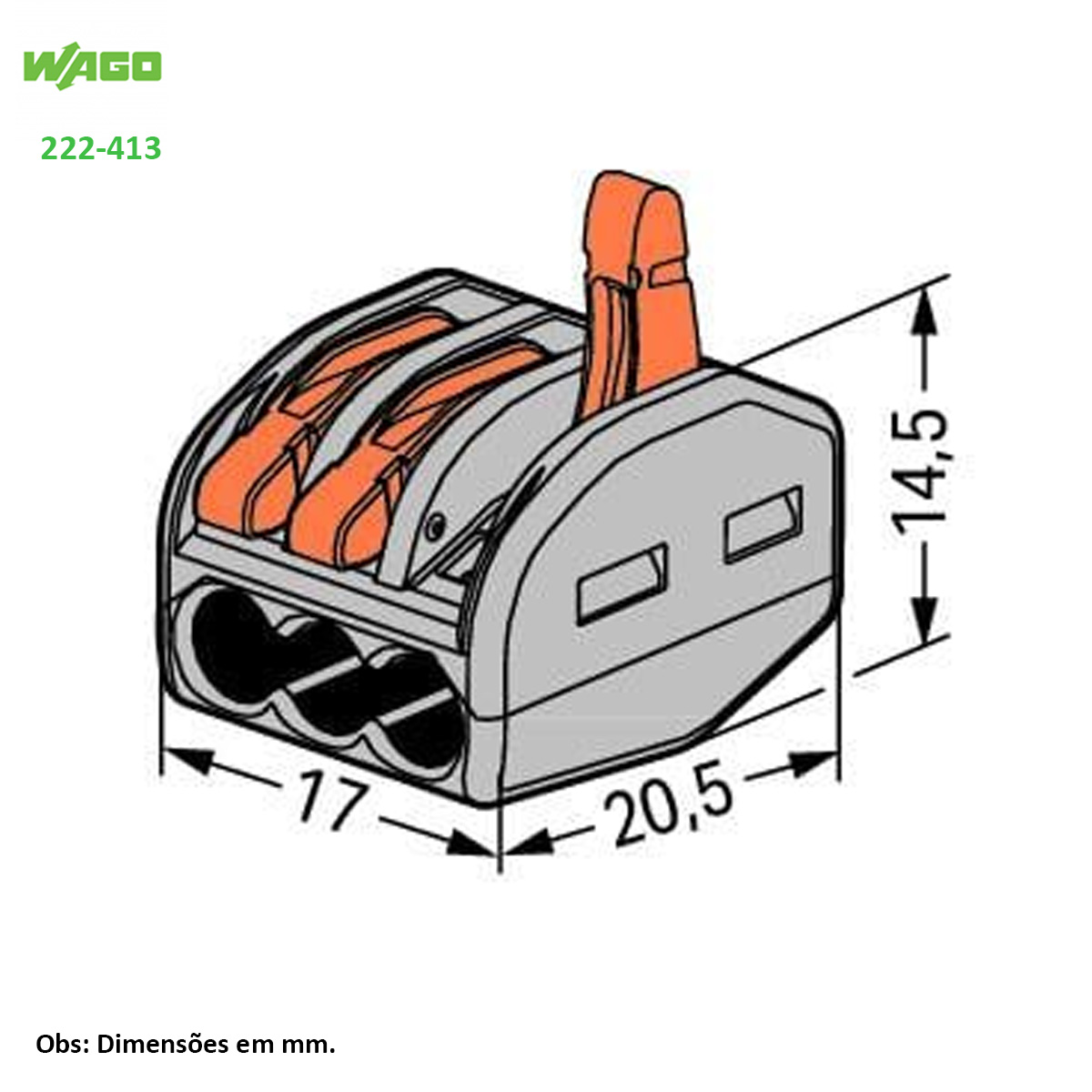 Conector Elétrico Emenda Rápido Poliamida Cinza/Laranja 3 Polos 4,00Mm Classic 222-413 - Wago