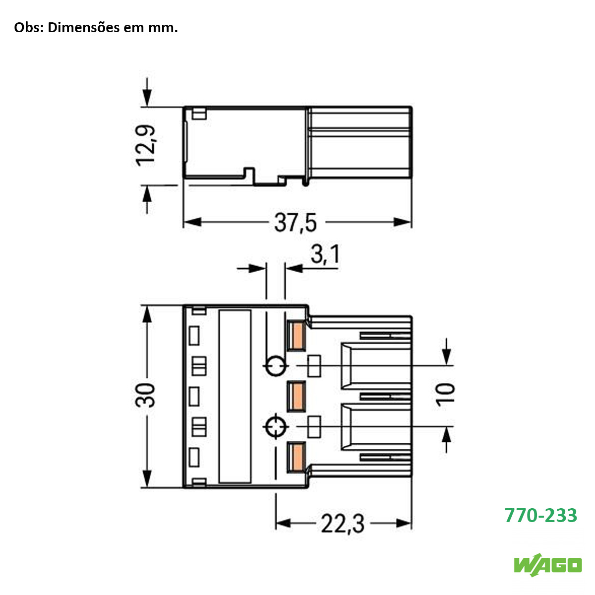 Conector Elétrico Plugável Macho Poliamida Branco 3 Polos 4,00Mm 770-233 - Wago