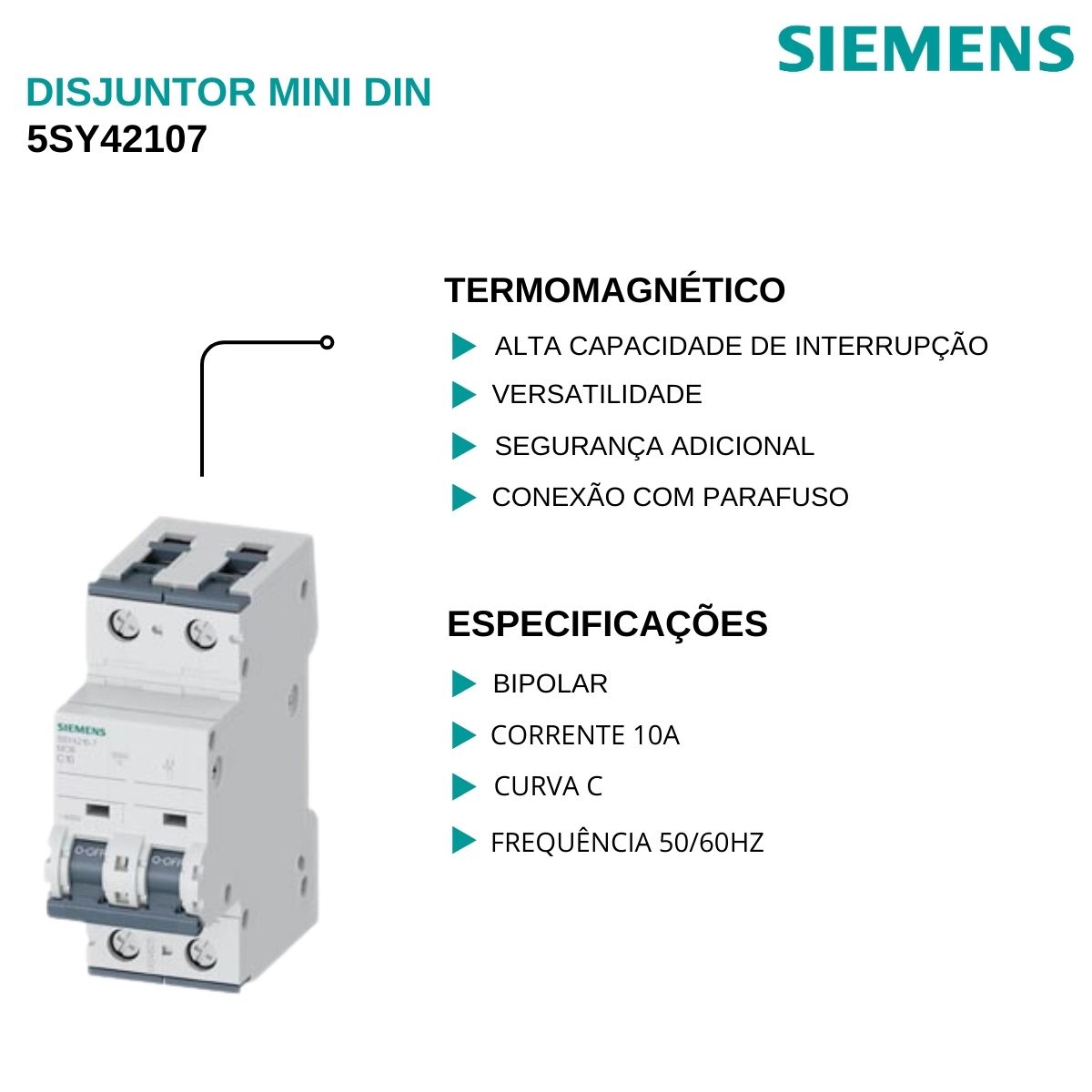 Disjuntor Mini Din Bipolar 10A Curva C 20Ka 220/380V 5SY42107 - Siemens