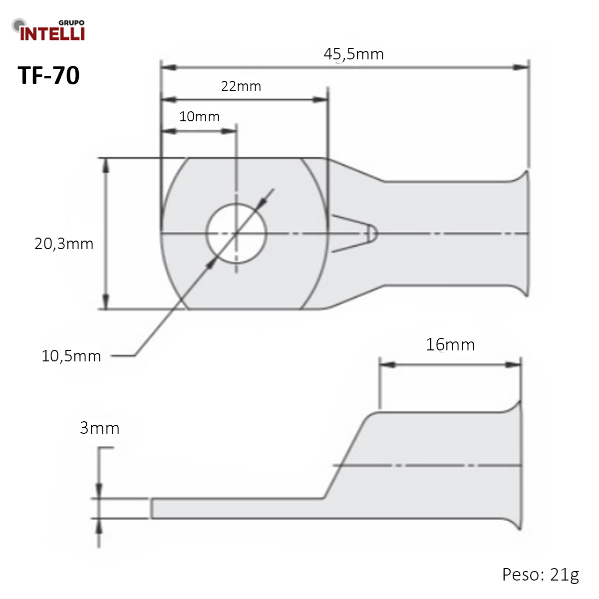 Terminal Compressão Boca Expandida 70Mm 1 Compressão 1 Furo F=10,5Mm 3/8 M10 972 Intelli