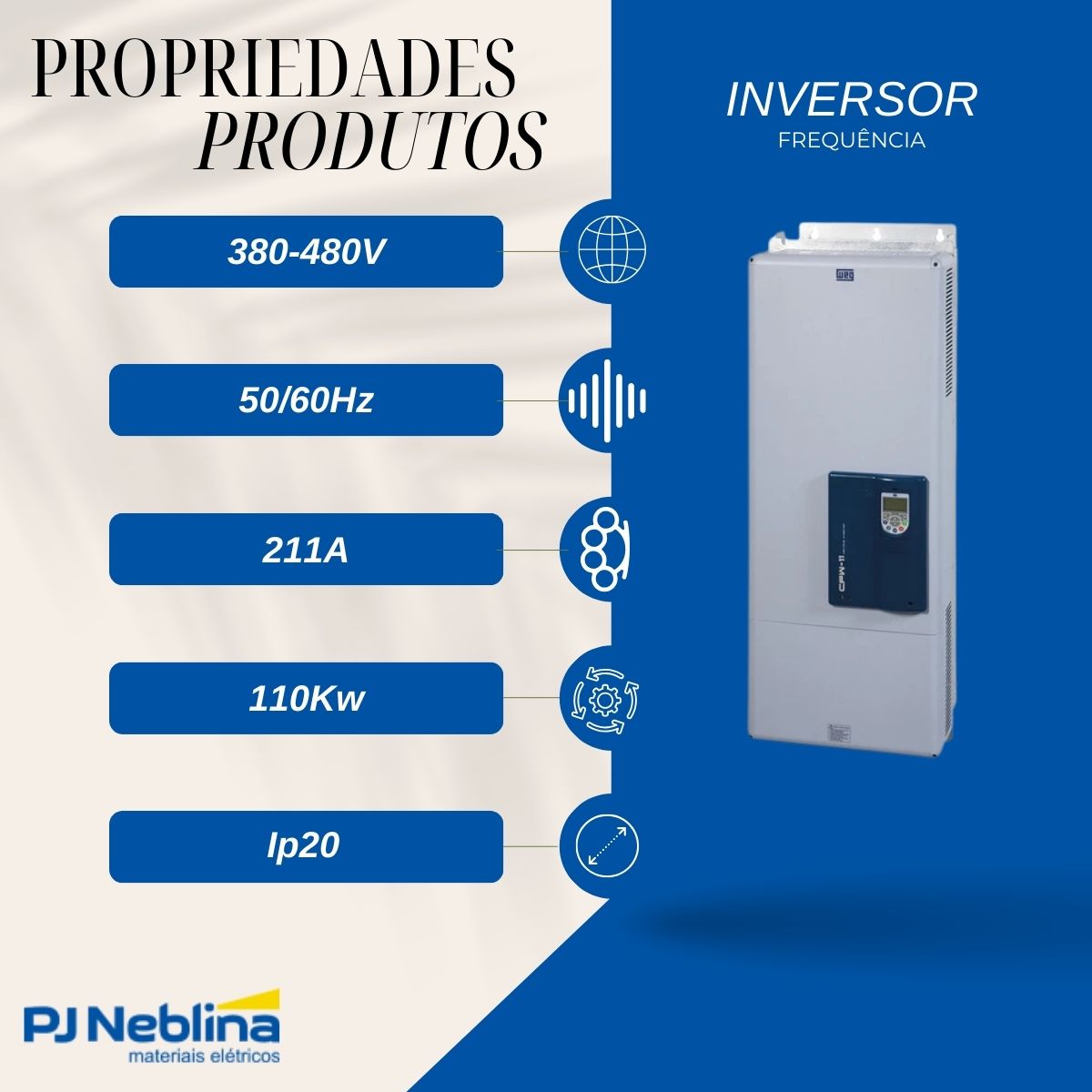 Inversor Frequência Trifásico 380-480V 50/60Hz 211A 110Kw C/Filtro - Weg