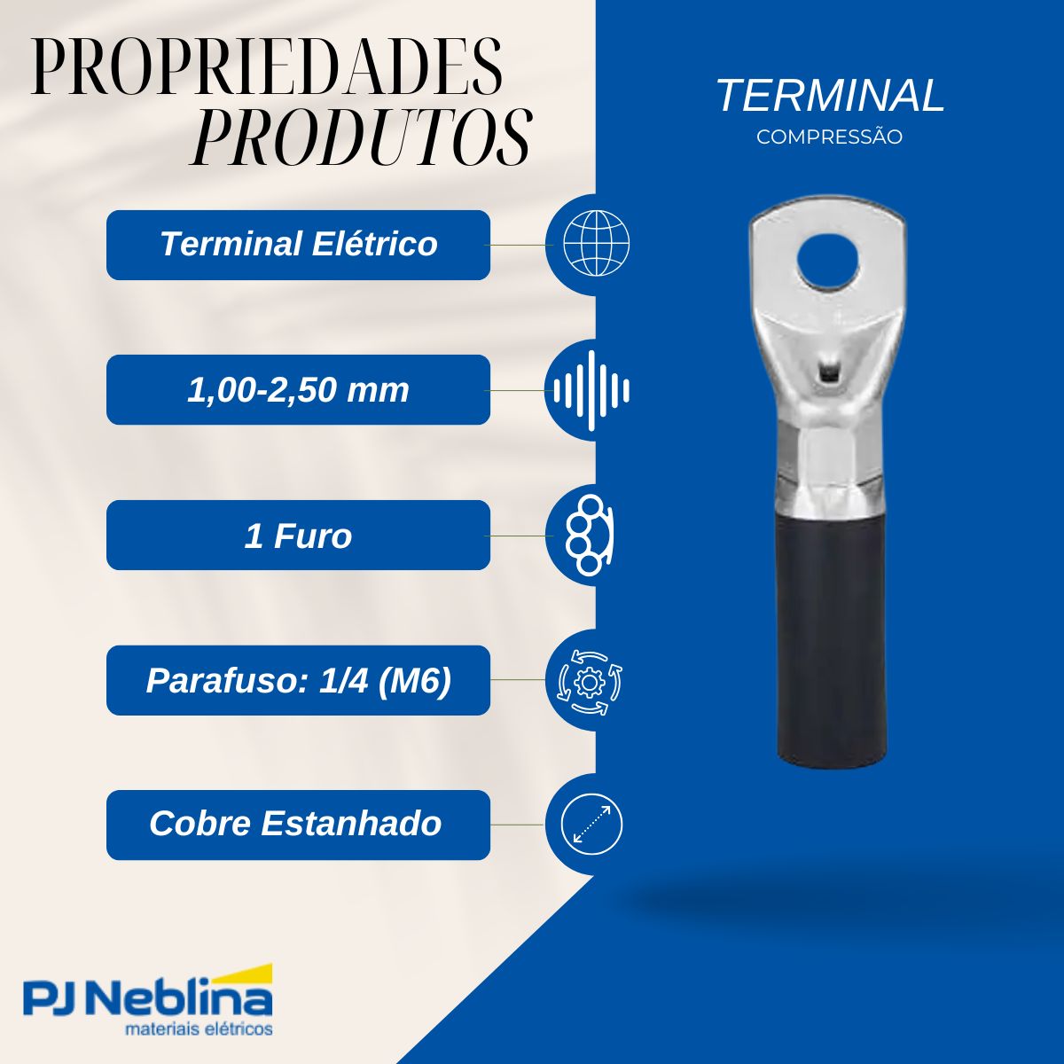 Terminal Compressao 1,00-2,50mm 1 Compr 1 Furo F=6mm 1/4 (m6