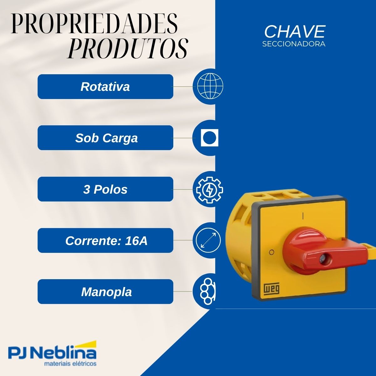 Chave Seccionadora Rotativa Sob Carga 3 Polos 16A Topo Manopla Vermelho/Amarelo - Weg