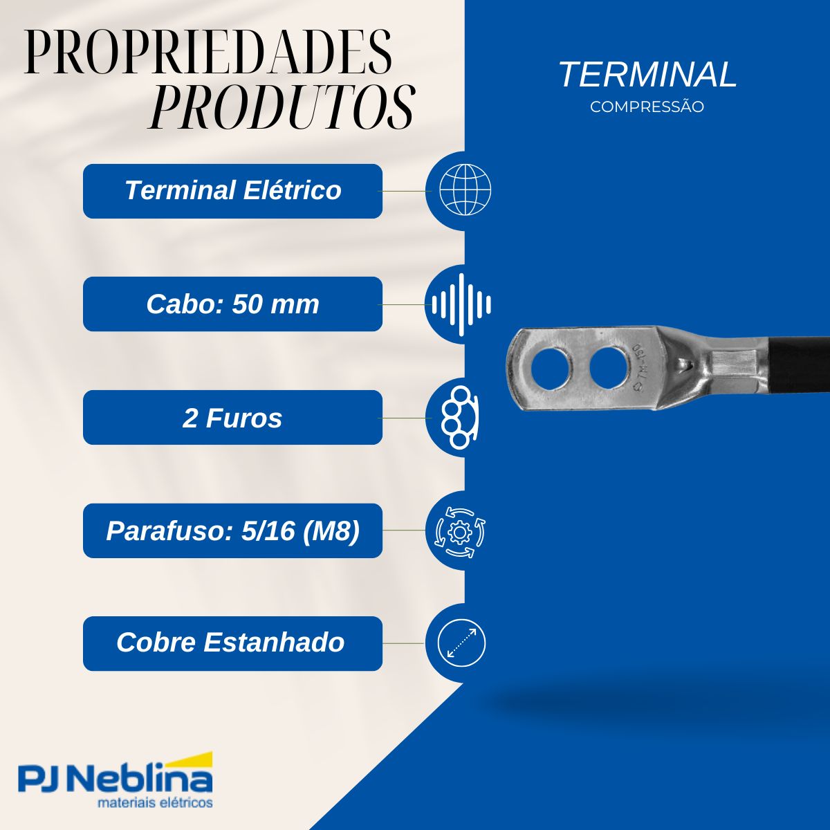 Terminal Compressao 50mm 1 Compr 2 Furos F=8,5mm 5/16 (m8)