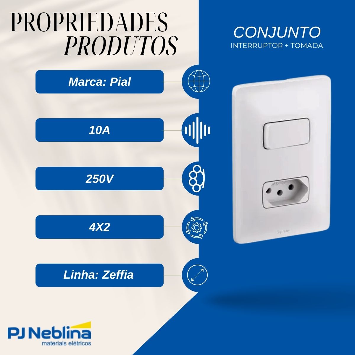 Conjunto 1 Interruptor Paralelo + 1 Tom 2P+T Distanciados 10A 250V C/Placa 4X2 Branco Zeffia - Pial