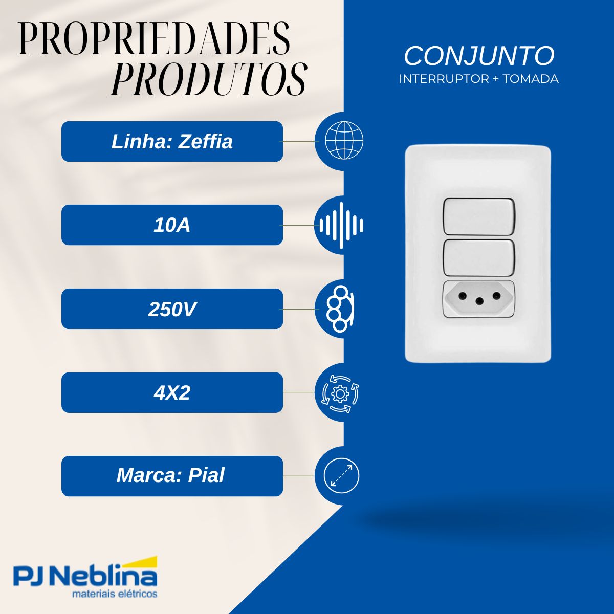 Conjunto 1 Interruptor Simples + 1 Interruptor Paralelo + 1 Tom 2P+T 10A 250V C/Placa 4X2 Branco Zeffia - Pial