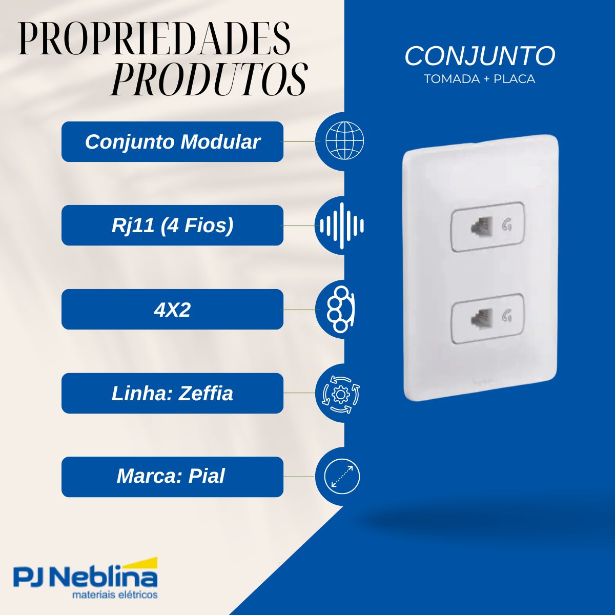 Conjunto 2 Tomada Telefone Rj11 (4 Fios) Distanciados C/Placa 4X2 Branco Zeffia - Pial