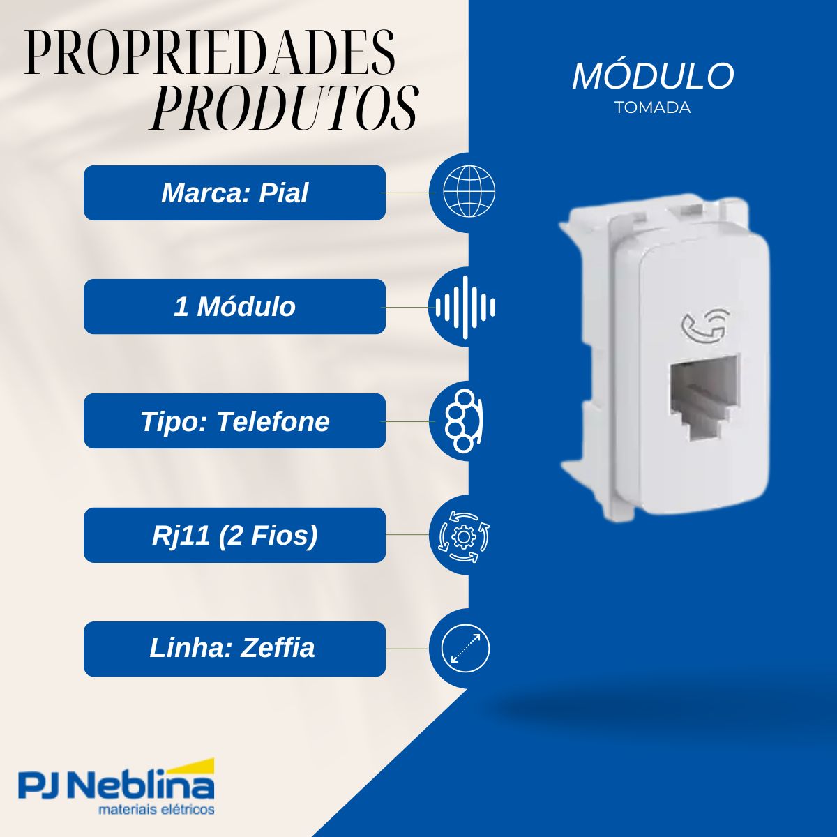 Modulo Tomada Telefone Rj11 (2 Fios) 1 Mod Bc Zeffia