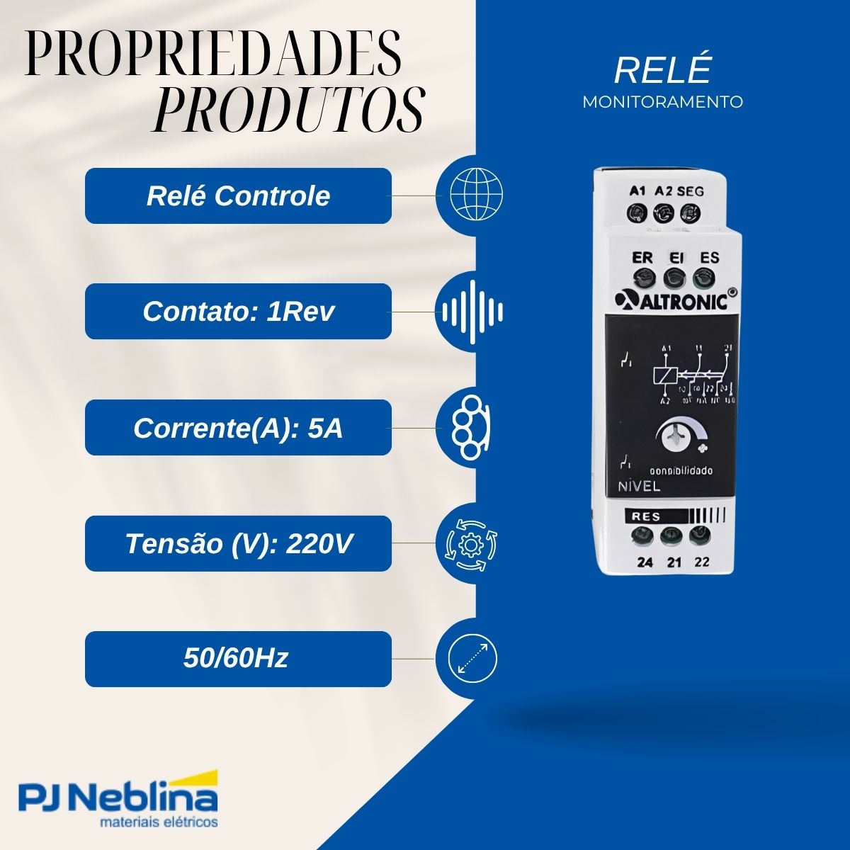 Relé Controle Monitoramento Nível 1Rev (Spdt) 5A 220V C/Caixa Mm E Sinalização - Altronic