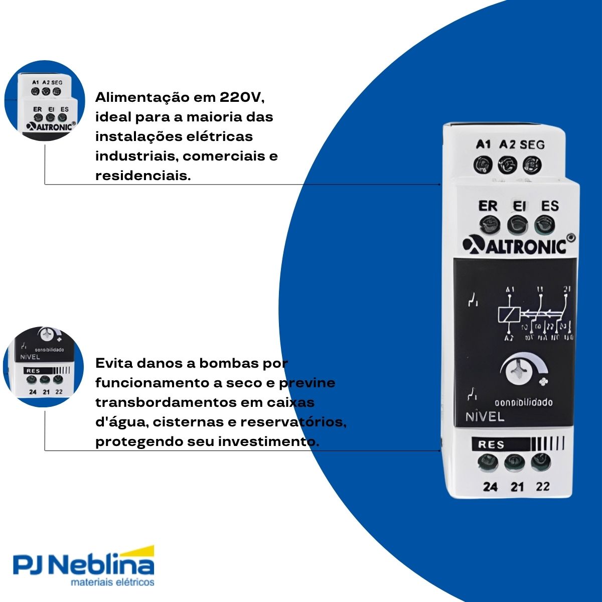 Relé Controle Monitoramento Nível 1Rev (Spdt) 5A 220V C/Caixa Mm E Sinalização - Altronic