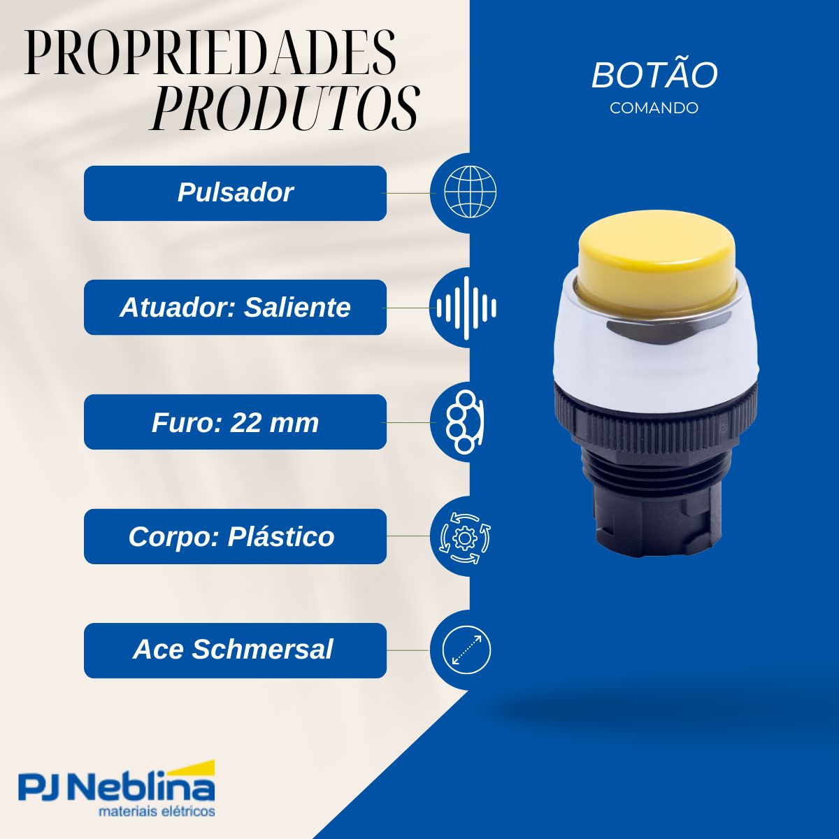 Botão Comando Pulsador Saliente Redondo 22 mm Plástico Amarelo - Ace Schmersal