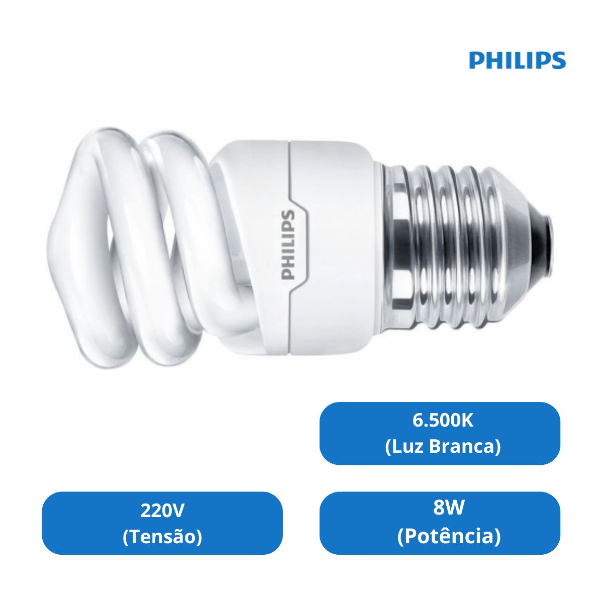 Lâmpada Fluorescente Compacta Espiral 8W 220V E27 6500K Luz Branca Eco Twister - Philips