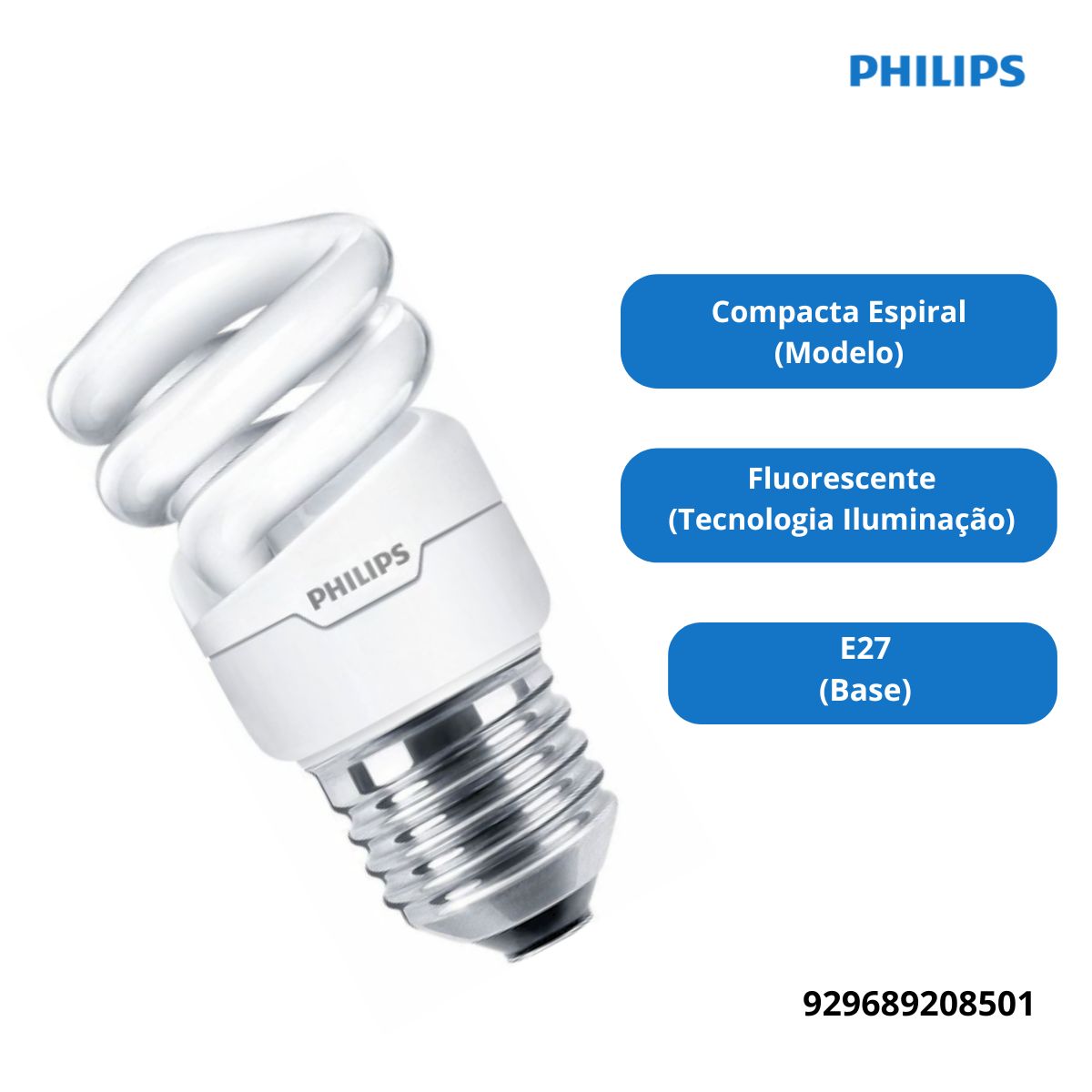 Lâmpada Fluorescente Compacta Espiral 8W 220V E27 6500K Luz Branca Eco Twister - Philips
