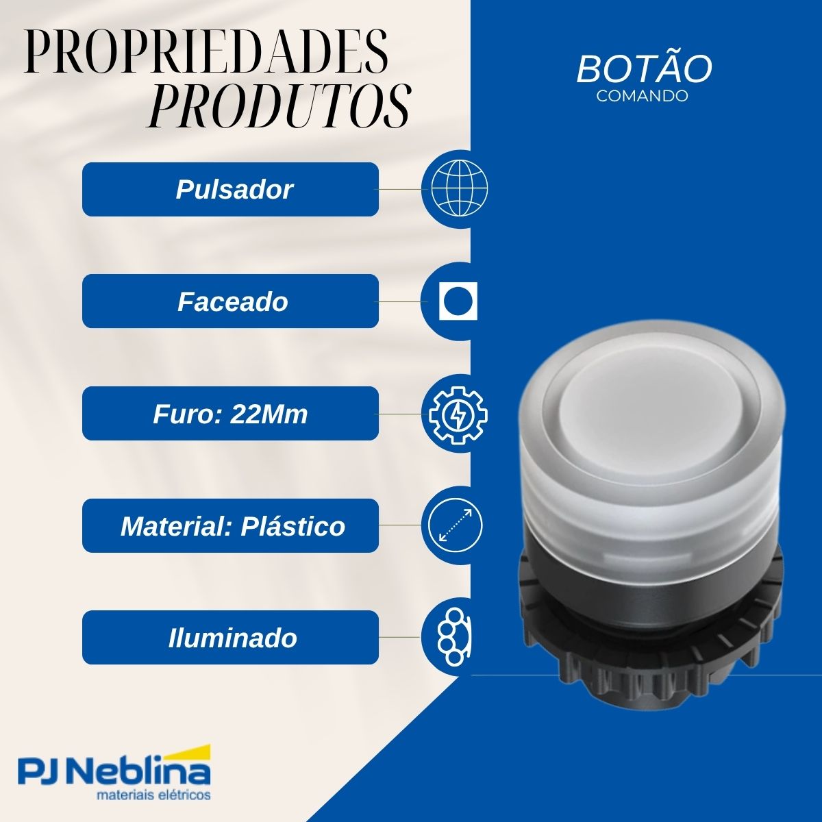 Botão Comando Pulsador Faceado Iluminado Redondo 22Mm Plástico Branco - Weg