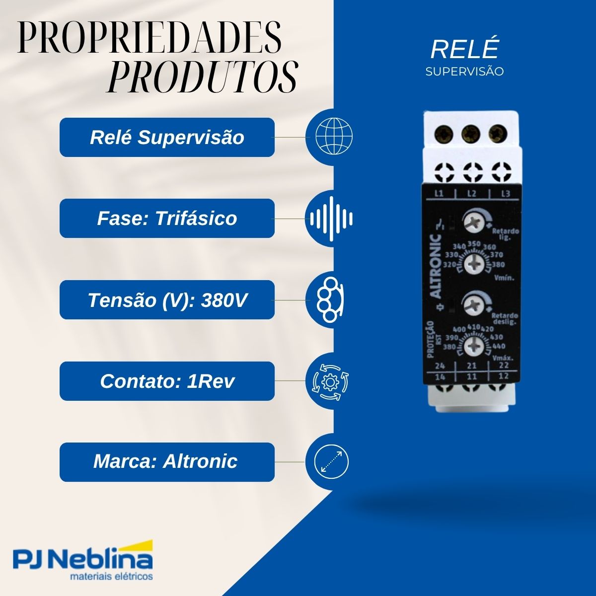 Relé Supervisão Trifásico Falta Seq Fase-Min/Max Tensão S/Neutro Retardo Ajustável 380V 1Rev (Spdt) - Altronic