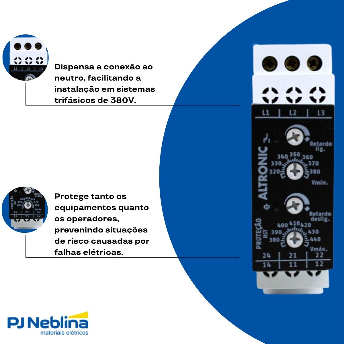 Relé Supervisão Trifásico Falta Seq Fase-Min/Max Tensão S/Neutro Retardo Ajustável 380V 1Rev (Spdt) - Altronic