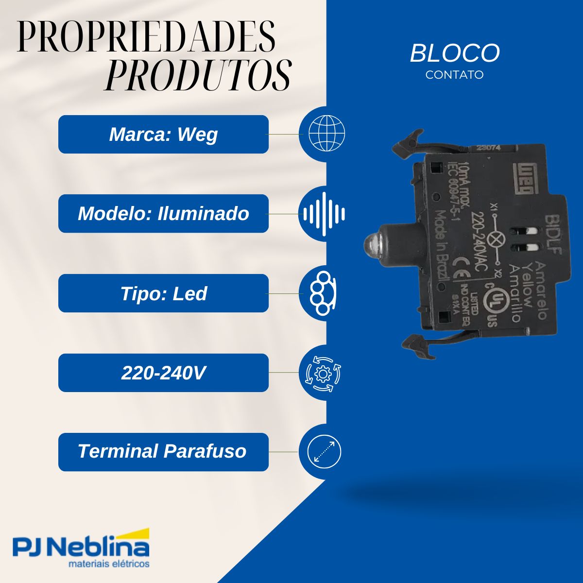 Bloco Contato Iluminado Led P/Botão/Sinaleiro 220-240V Vermelho - Weg