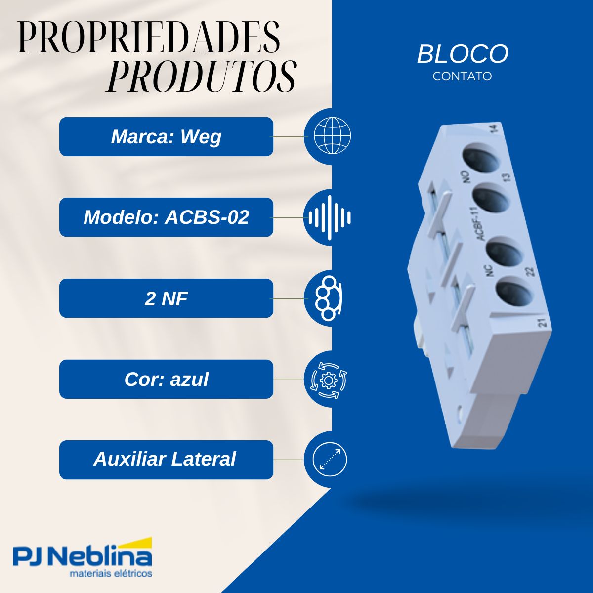Bloco Contato Lateral 2Nf P/ Mpw18/40 Versão Azul - Weg