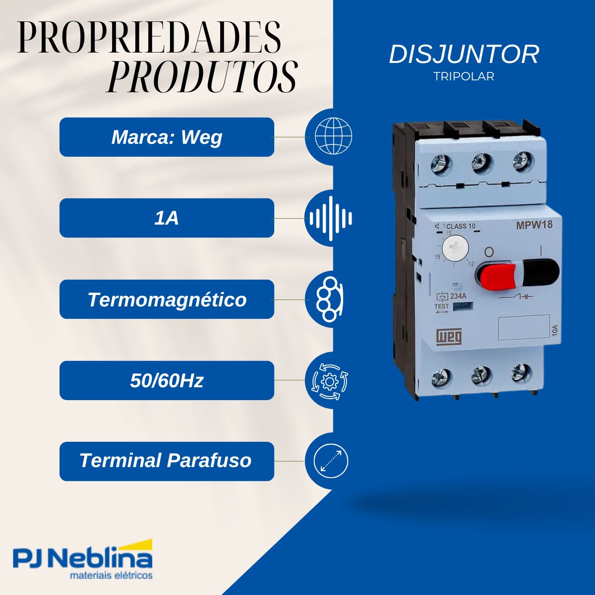 Disjuntor Motor Tripolar 1A 0,63-1A 0,33Cv 380/415V 100Ka 380/440V 50/60Hz - Weg