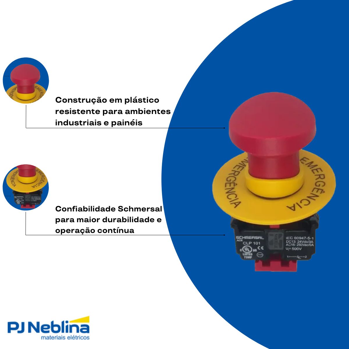 Botão Emergência Cogumelo 40 mm Empurrar/Puxar Destr 22 mm Plástico Vermelho 1Nf C/Placa De Emergência 60 mm - Ace Schmersal