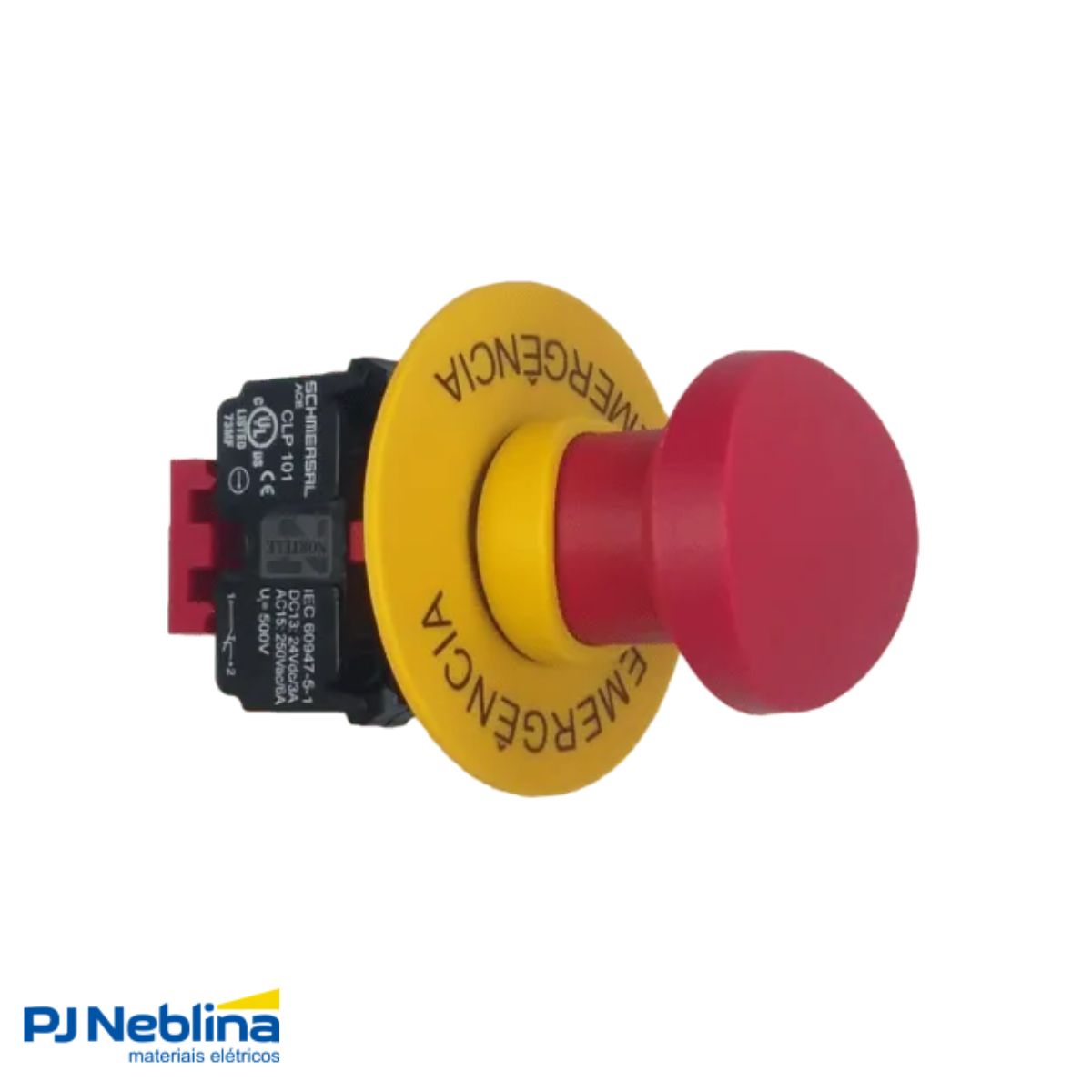 Botão Emergência Cogumelo 40 mm Empurrar/Puxar Destr 22 mm Plástico Vermelho 1Nf C/Placa De Emergência 60 mm - Ace Schmersal