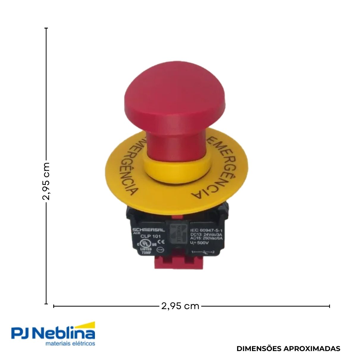 Botão Emergência Cogumelo 40 mm Empurrar/Puxar Destr 22 mm Plástico Vermelho 1Nf C/Placa De Emergência 60 mm - Ace Schmersal