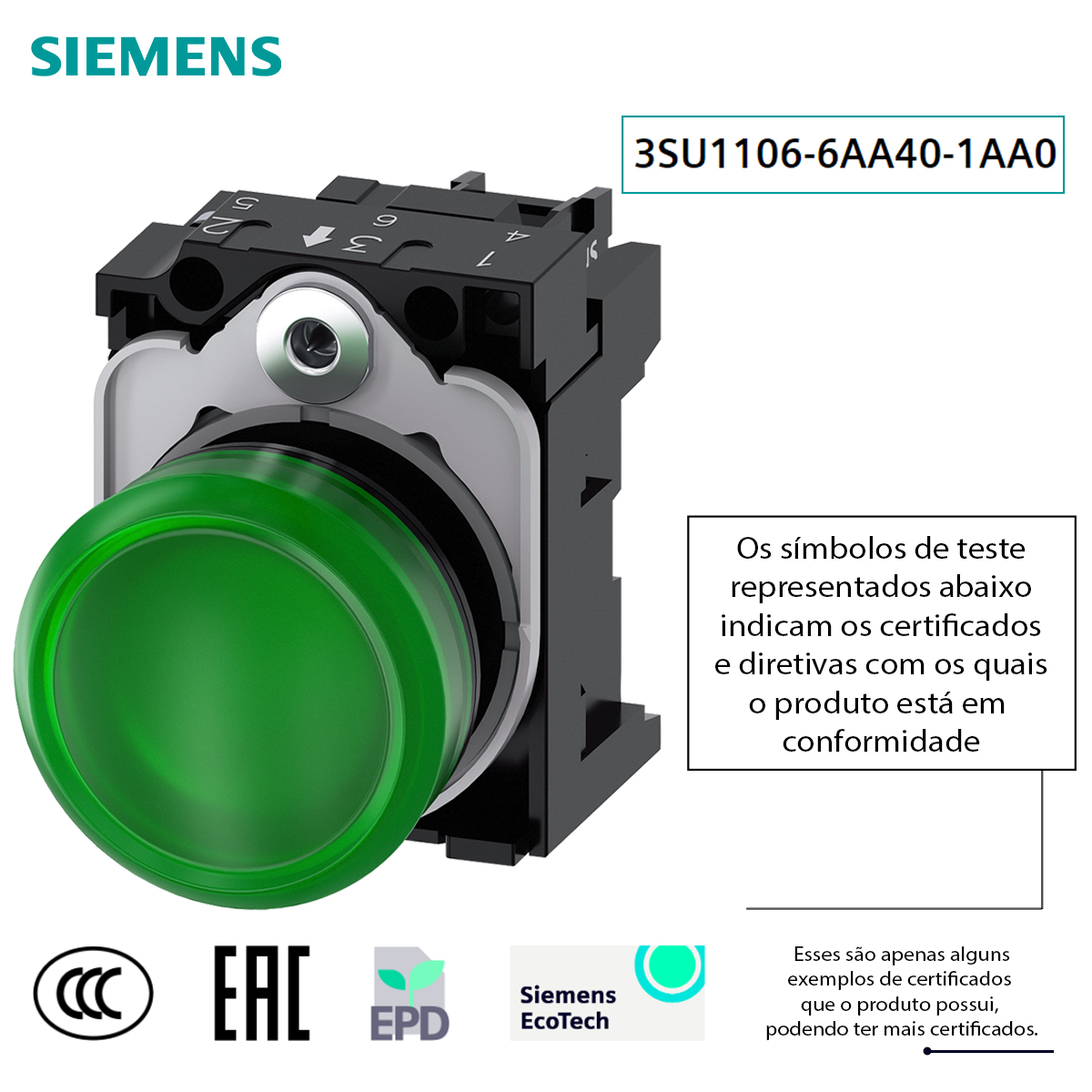Botão Sinalizador Led Plástico 22mm 230Vac Verde Com Suporte 3SU11066AA401AA0 Siemens