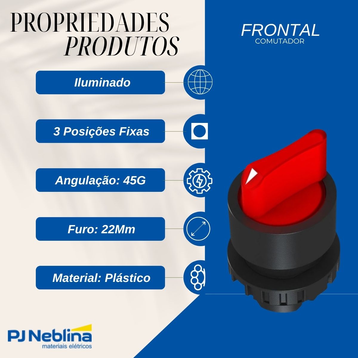 Frontal Comutador Knob Curto Iluminado 3 Posições Fixas 45G 22Mm Plástico Vermelho - Weg