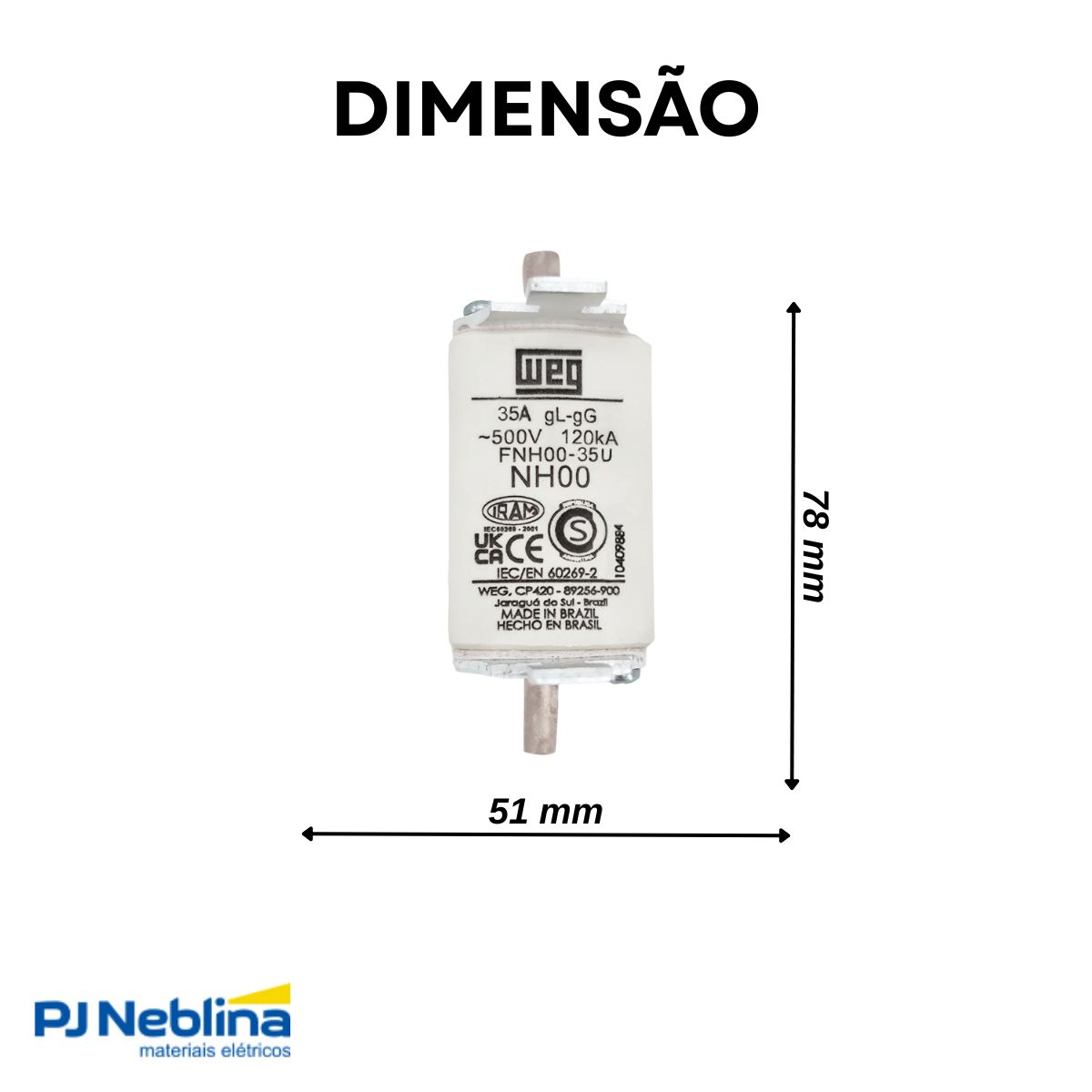 Fusível Nh Retardado Gg/Gl 35A 500V 120Ka T-00 - Weg