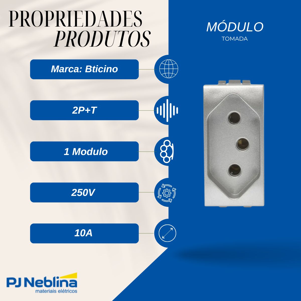 Modulo Tomada 2P+T 1 Modulo 10A 250V Tecno Living Light - Bticino