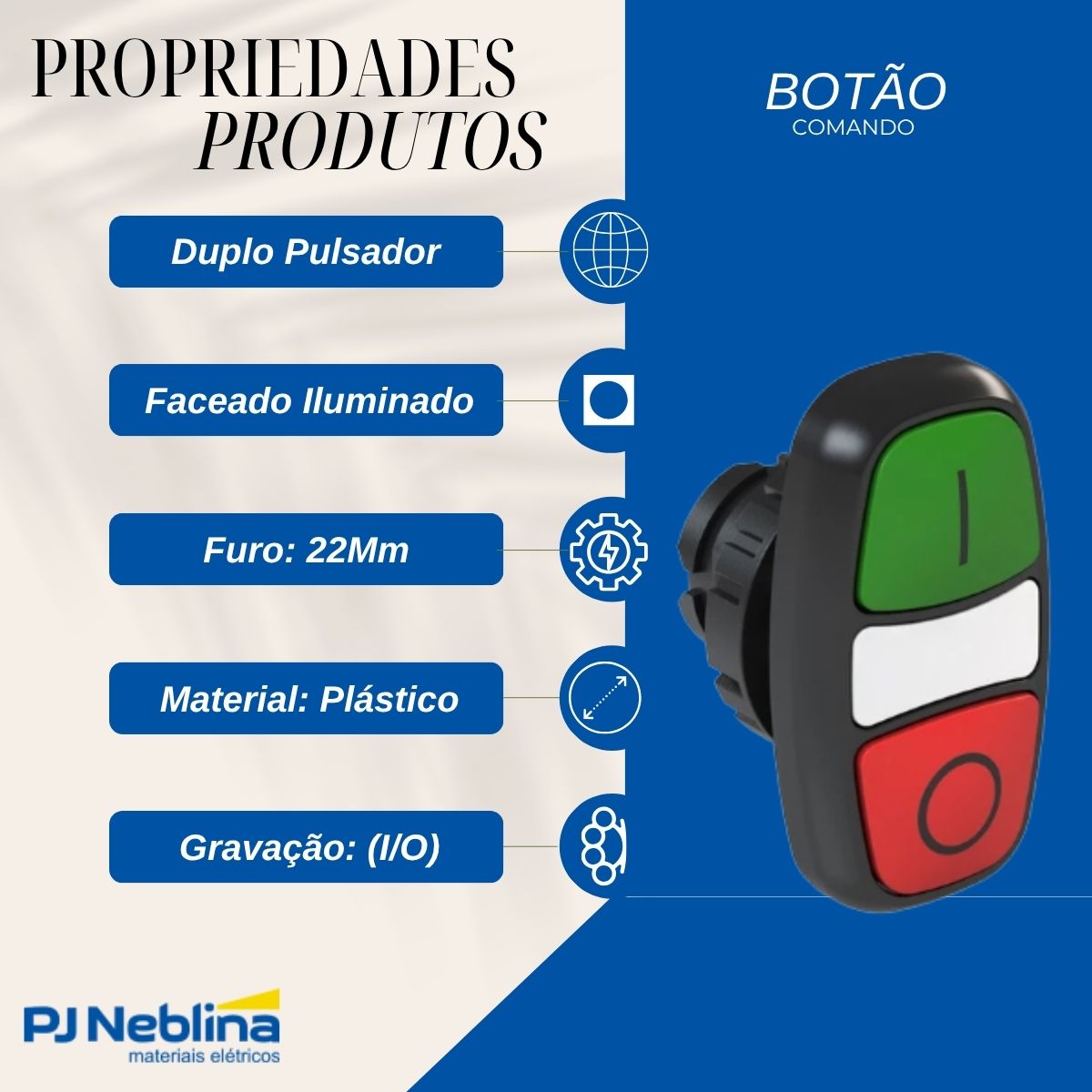 Botão Comando Duplo Pulsador Faceado Iluminado Redondo 22Mm Plástico Verde/Vermelho (I/O) - Weg