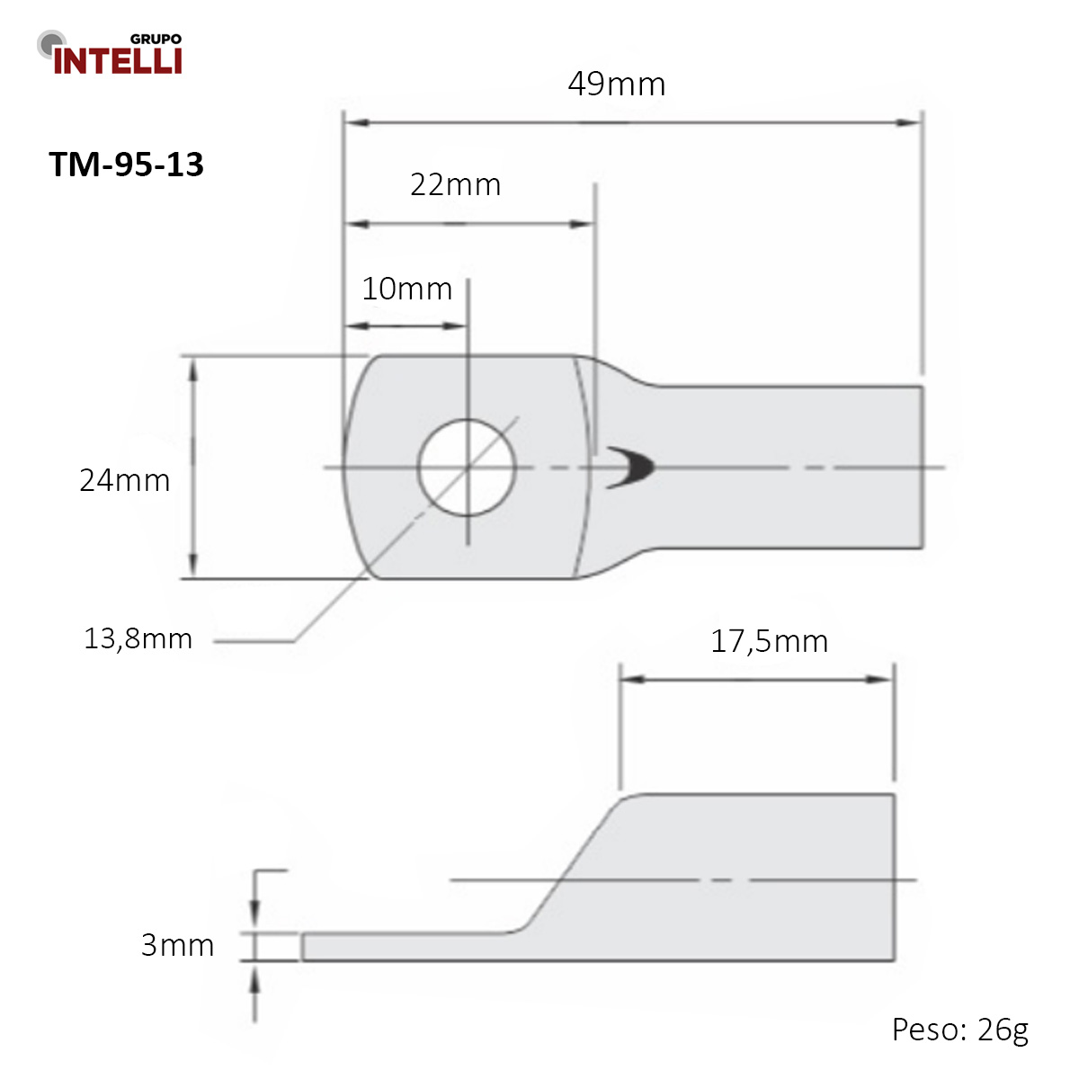 Terminal Compressão 95Mm 1 Compressão 1 Furo F=13,5Mm 1/2 M12 6048 Intelli