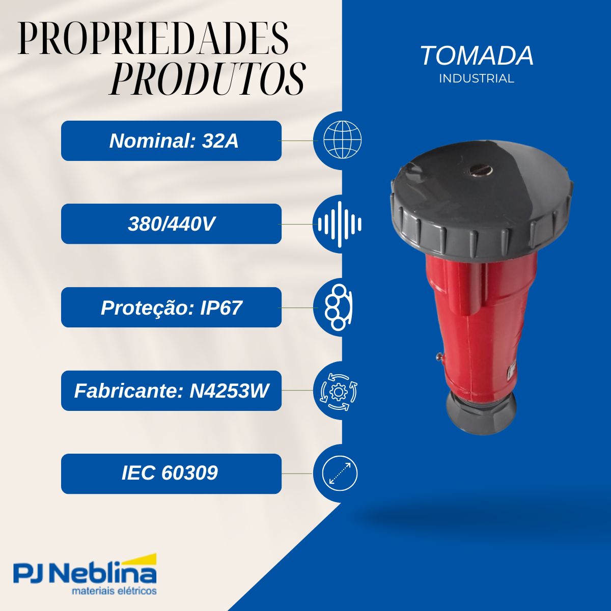 Tomada Industrial Femea Móvel Acoplador Prova D'água 3P+T 32A 380/440V Vm 3H Ip67 - Steck