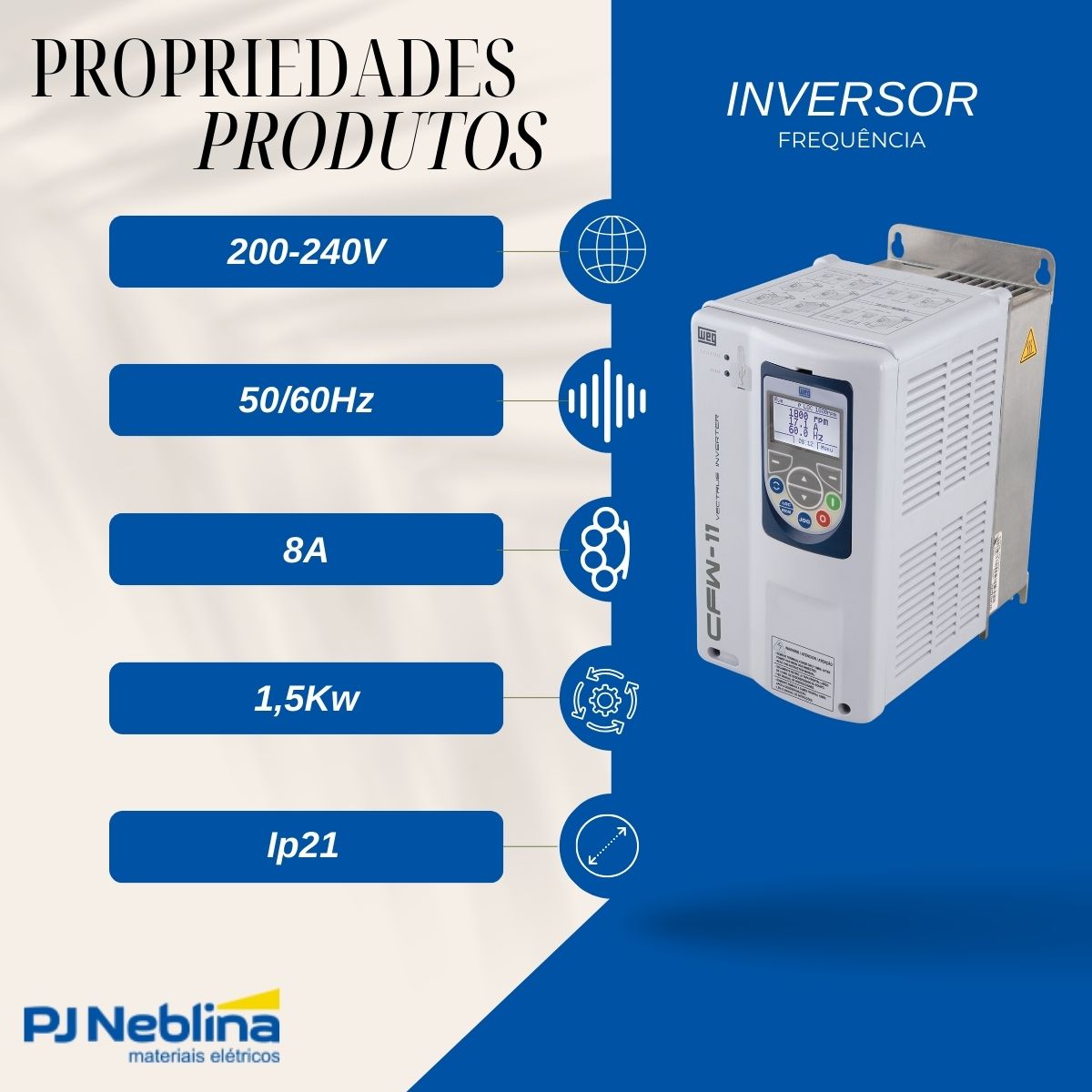 Inversor Frequência Trifásico 200-240V 50/60Hz 8A 1,5Kw - Weg