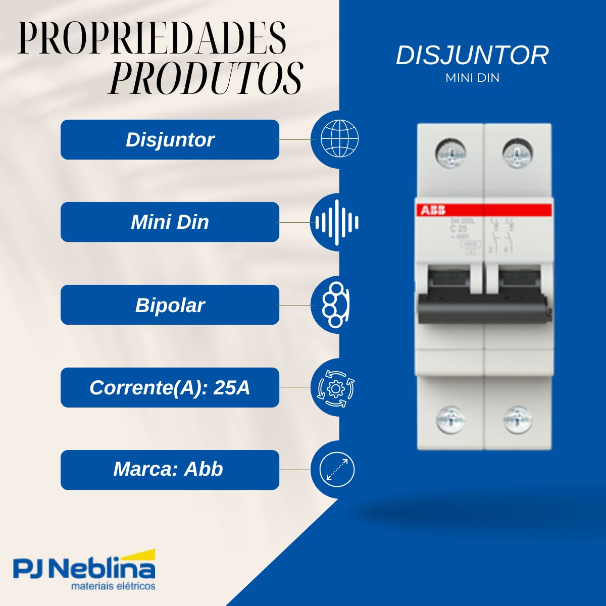 Disjuntor Mini Din Bipolar 25A Curva C 4,5Ka 400V - Abb