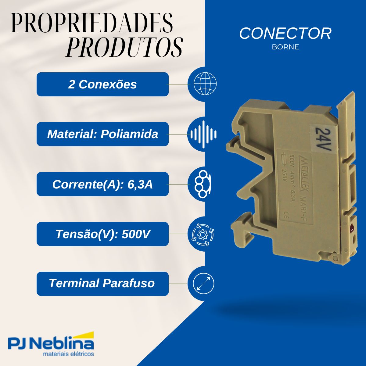 Conector Borne Passagem Porta Fusível 2 Conexões 4,00Mm 500V Bege Led 24V - Metaltex