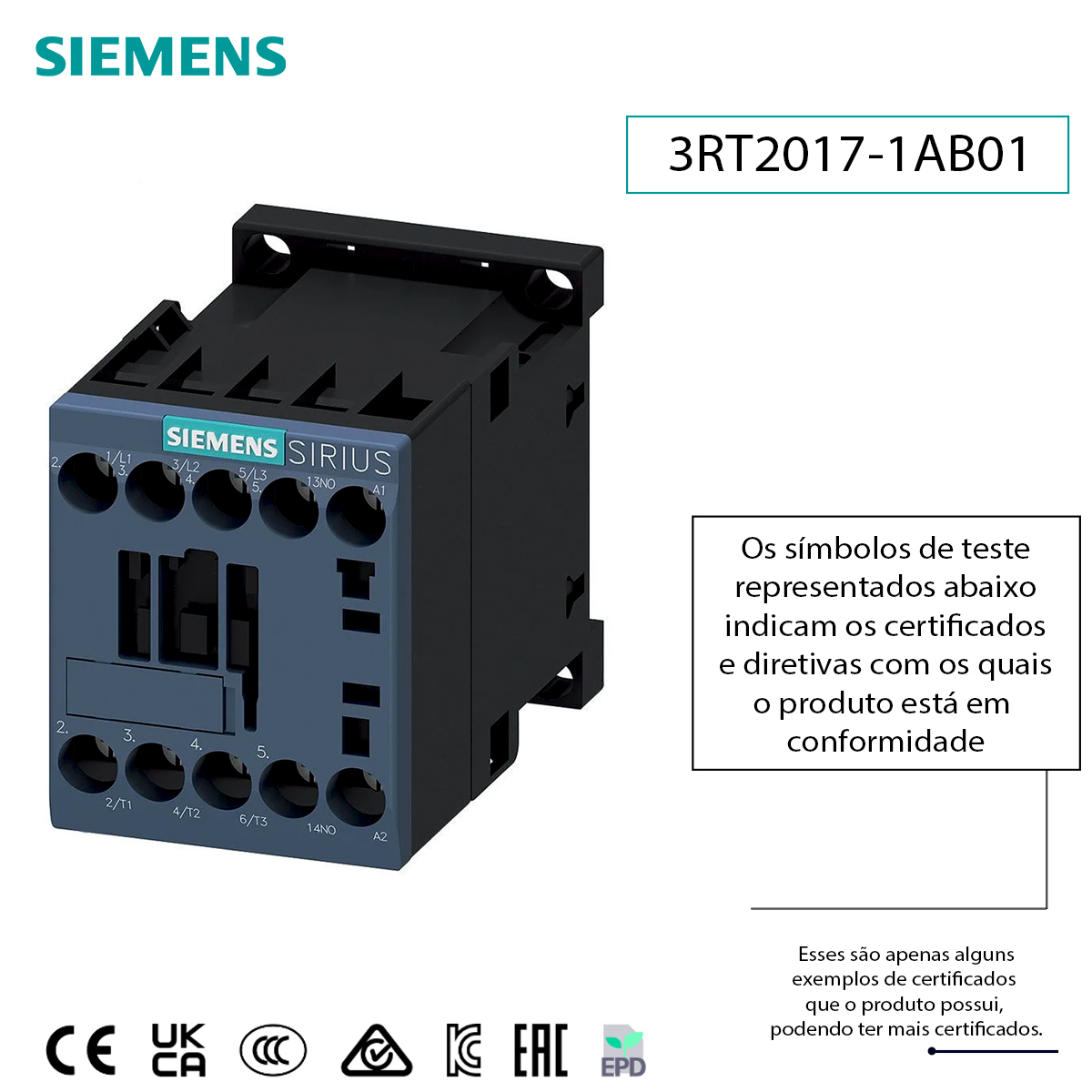 Contator De Potência Tripolar 12A 24V 1Na 50/60Hz 3RT20171AB01 Siemens